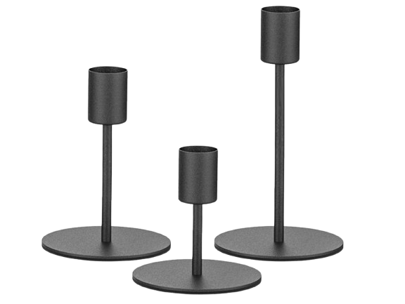 Set of three matte black metal candle holders in varying heights, each with a round base and cylindrical taper cup.