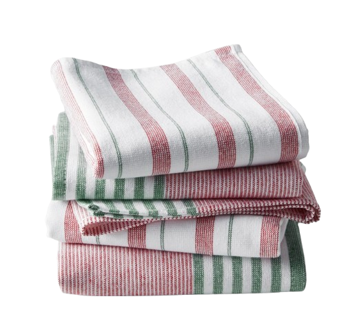 Stack of 4 super-absorbent kitchen towels with red and green stripes, neatly folded.