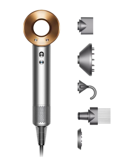 Dyson Supersonic hair dryer in nickel and copper shown with five styling attachments, including concentrators, diffusers, and smoothing tools designed for fast drying and heat-protective styling for all hair types.