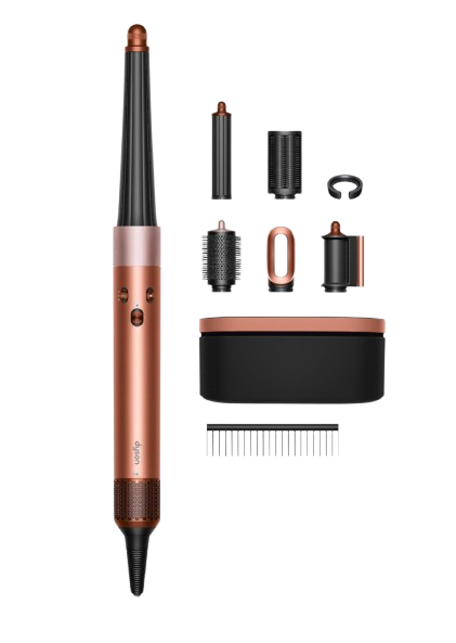 Dyson Airwrap i.d. multi-styler in copper with all eight styling attachments and storage case, a connected tool that personalizes curling routines for faster, more consistent results.