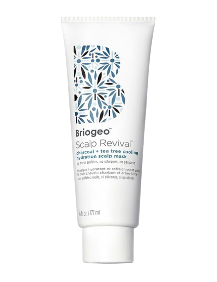 Briogeo Scalp Revival Charcoal + Tea Tree Cooling Hydration Scalp Mask in a white 6 oz tube with blue patterned ‘B’ logo, designed to soothe, detoxify, and hydrate the scalp without sulfates, silicones, or parabens.