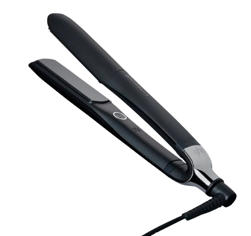 GHD Platinum+ Styler flat iron in sleek black with rounded edges and ceramic plates, designed for smooth, shiny styling with predictive heat technology.