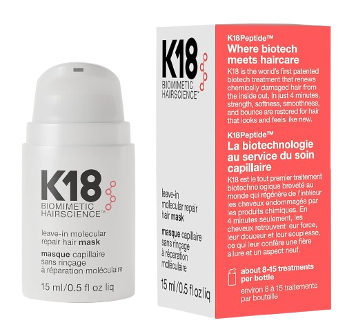 K18 Biomimetic Hairscience Leave-In Molecular Repair Hair Mask, 15 ml bottle shown next to its packaging, a biotech-powered treatment designed to repair chemically damaged hair from the inside out.