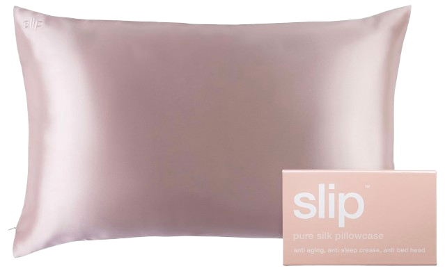 Slip 100% pure silk pillowcase in a soft pink shade, shown with its matching box, designed to reduce sleep creases, frizz, and hair breakage.