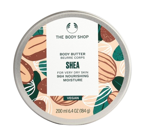 The Body Shop Shea Body Butter, an ultra-rich moisturizer with shea butter that provides 96 hours of nourishing hydration for very dry skin.