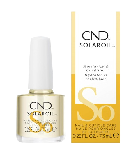 Bottle of CND SolarOil, a conditioning nail and cuticle treatment made with jojoba oil and vitamin E to strengthen nails and soften cuticles.