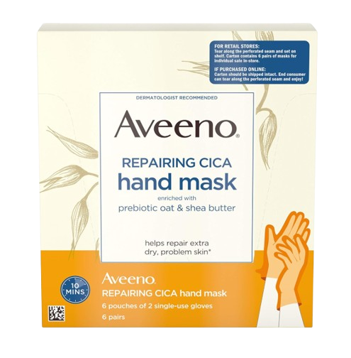 Box of Aveeno Repairing CICA Hand Mask gloves, infused with prebiotic oat and shea butter to repair and soothe extra-dry, stressed skin in 10 minutes.