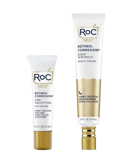 RoC Retinol Correxion skincare duo featuring the Line Smoothing Eye Cream and Deep Wrinkle Night Cream, formulated with retinol to visibly reduce fine lines, dark circles, puffiness, and deep wrinkles overnight.