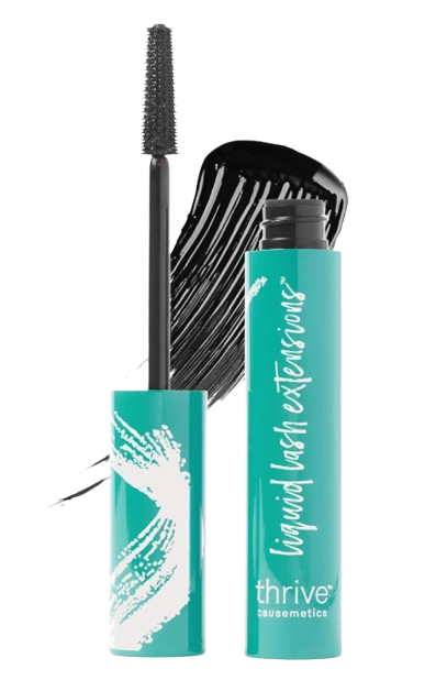 Thrive Causemetics Liquid Lash Extensions Mascara in black, shown with a lengthening wand and a swatch of the fiber-infused formula that creates long, defined, smudge-free lashes