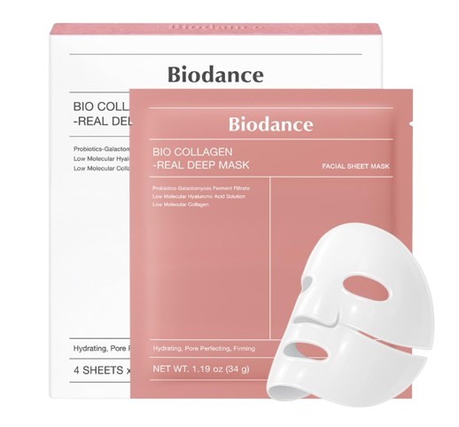 Biodance Bio Collagen Real Deep Mask set with a pink sheet mask packet and a white hydrogel-style mask, formulated with probiotics, low molecular hyaluronic acid, and collagen for hydrating, firming, pore-perfecting results.