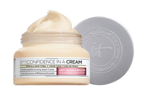 IT Cosmetics Confidence in a Cream, a rich anti-aging moisturizer formulated to hydrate, smooth, and visibly improve skin firmness, shown in an open jar with the cream’s whipped texture.