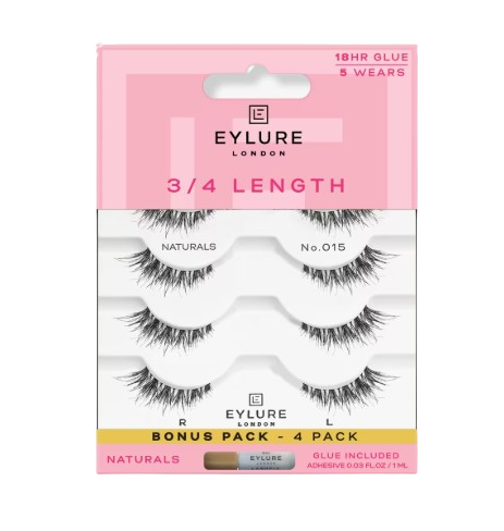 Eylure London 3/4 Length Naturals No. 015 lash set, featuring four pairs of lightweight, natural-looking false lashes with included adhesive, designed for easy application and up to 5 wears per pair.
