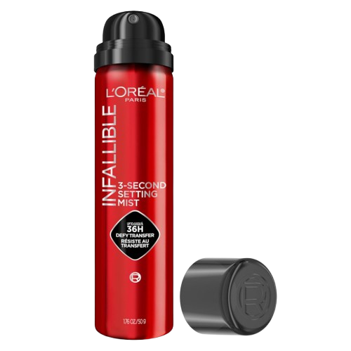 L’Oréal Paris Infallible 3-Second Setting Mist in a red aerosol bottle with black cap, a long-wear makeup setting spray that locks in makeup for up to 36 hours and resists transfer.