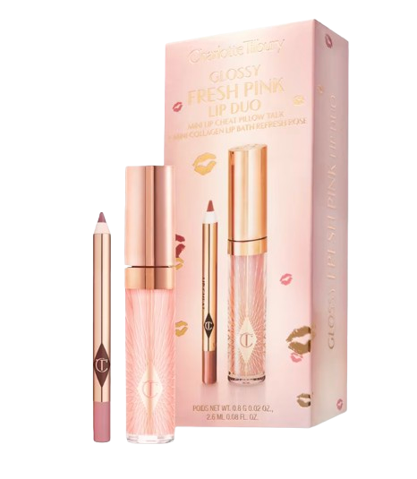 Charlotte Tilbury Mini Glossy Fresh Pink Lip Duo featuring a mini Lip Cheat lip liner in Pillow Talk and a mini Collagen Lip Bath gloss, packaged in a pink gift box with rose gold accents.