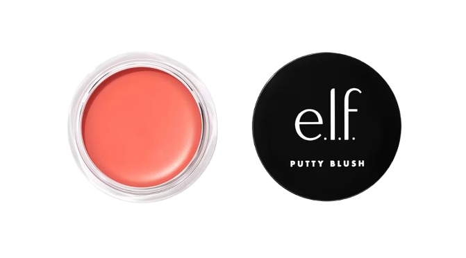 e.l.f. Putty Blush in a peachy coral shade, shown in an open pot with the black lid beside it; a creamy, buildable blush with a smooth, putty-like texture