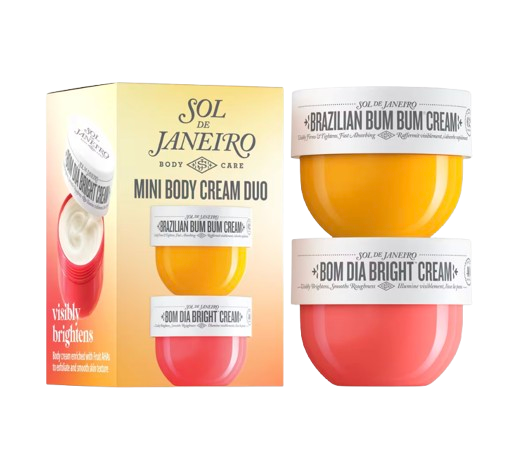 Sol de Janeiro Mini Body Cream Duo featuring travel-size Brazilian Bum Bum Cream and Bom Dia Bright Cream in yellow and pink jars with the coordinating gift box.