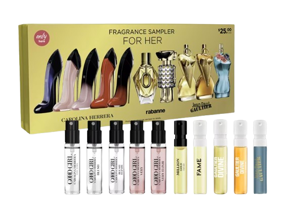 Ulta 10-piece fragrance sampler for her, showcasing miniature spray vials of top perfumes including Carolina Herrera Good Girl, Rabanne Fame, and Jean Paul Gaultier scents, with a gold display box featuring bottle illustrations.
