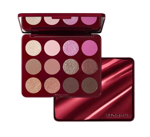 Morphe Naughty Eyeshadow Palette in a metallic red compact, opened to reveal 16 warm and rosy-toned eyeshadow shades in matte and shimmer finishes.