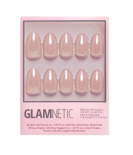 Glamnetic Los Angeles press-on nails in a short almond shape, displayed in a pink box with 30 glossy nude nails arranged in rows.