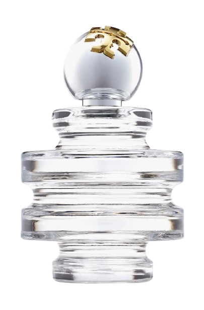 Tory Burch Sublime Eau de Parfum in a sculptural, tiered glass bottle with a reflective silver sphere cap accented by the gold Tory Burch logo.