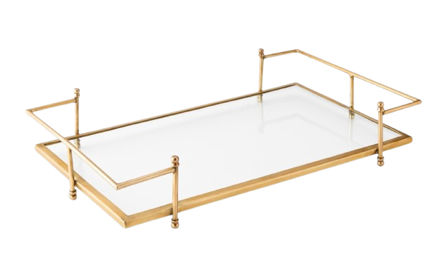 Williams Sonoma rectangular tray featuring a clear glass base with an antique brass frame and raised geometric handles for a modern, elegant look.