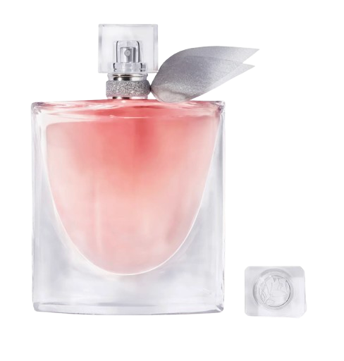 Lancôme La Vie Est Belle Eau de Parfum in a clear, square glass bottle with a softly curved pink interior, accented by a silver ribbon-like detail at the neck and a removable crystal-style cap.