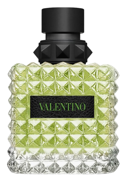 Valentino Born in Roma Donna Green Stravaganza Eau de Parfum in a studded, diamond-textured glass bottle with a green tint, finished with a black studded collar and black Valentino label.