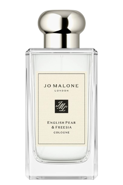Jo Malone London English Pear & Freesia Cologne in a tall, clear rectangular glass bottle with a cream label and a rounded silver cap.
