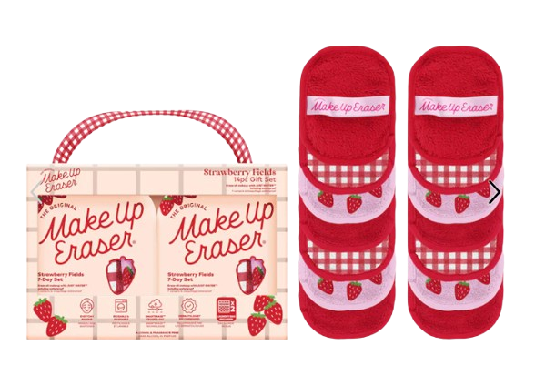 MakeUp Eraser Strawberry Fields 14-Day Set featuring a pink gingham box and fourteen reusable red and pink strawberry-patterned makeup remover cloths.