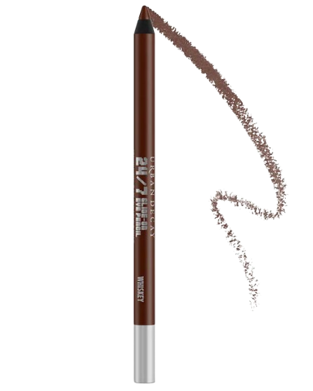 Urban Decay 24/7 Glide-On Waterproof Eyeliner Pencil in rich brown, shown with a swatch of creamy, smudge-proof color drawn beside it.