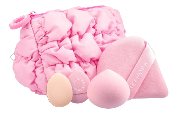 Sephora Pillow Dream Makeup Sponge Set with four soft pink blending sponges in assorted shapes, displayed next to a quilted pink pouch.