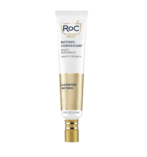 RoC Retinol Correxion Deep Wrinkle Night Cream in a white and gold tube, shown with a creamy texture swipe to highlight the rich overnight formula.