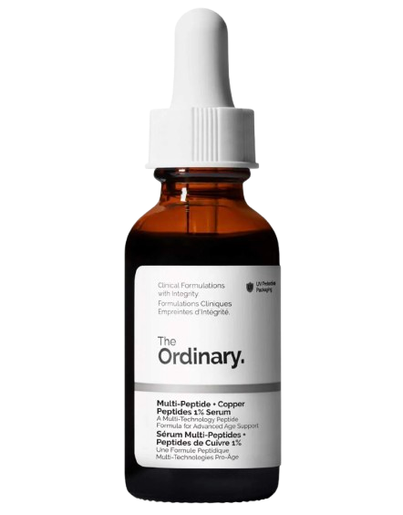 The Ordinary Multi-Peptide + Copper Peptides 1% Serum in a dark amber glass dropper bottle with a white label, designed to support firmer-looking skin.