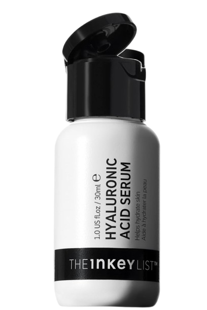 The INKEY List Hyaluronic Acid Serum in a white pump bottle with black lettering, formulated to hydrate and plump skin.