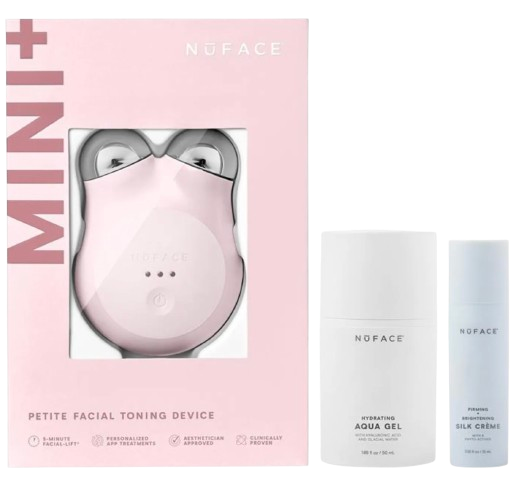 NuFACE Mini Facial Toning Device shown in a soft pink box alongside the compact microcurrent device and skincare gel, designed to tone and lift facial muscles.