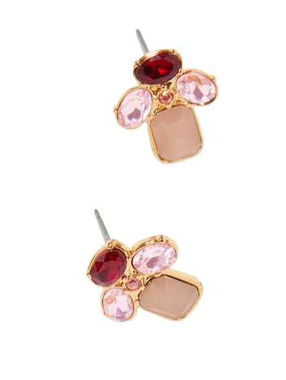Sincere Shimmer Earrings from Talbots. Gold-tone stud earrings featuring cluster of pink, peach, and burgundy red crystals in geometric arrangement on white background.