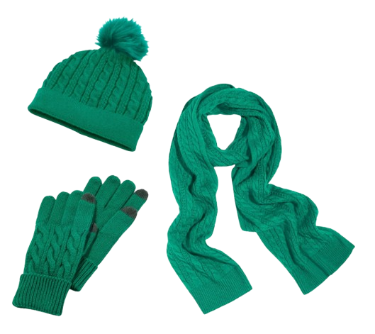 Emerald green cable knit winter accessories set including pom-pom beanie, long scarf, and touchscreen-compatible gloves arranged on white background.