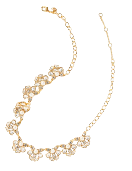 Gold-tone scalloped necklace featuring lustrous white pearls connected by delicate chain with small crystal accents.