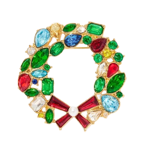 Colorful jeweled wreath brooch featuring emerald, ruby, sapphire, citrine, and clear crystals in various cuts arranged in circular wreath shape.
