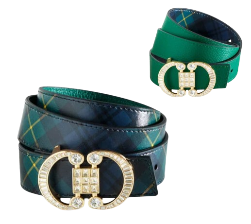 Navy and green tartan plaid reversible leather belt with crystal-embellished double-ring gold buckle, plaid side visible with green leather side on the interior.