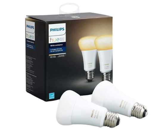Philips Hue White Ambiance smart LED light bulbs shown with packaging, featuring adjustable warm-to-cool white lighting for customizable home ambiance.
