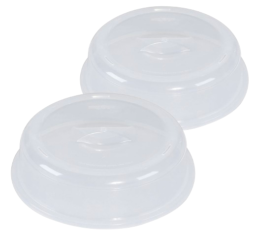 Nordic Ware microwave plate covers in translucent white plastic, set of two, designed to prevent splatters while reheating food.