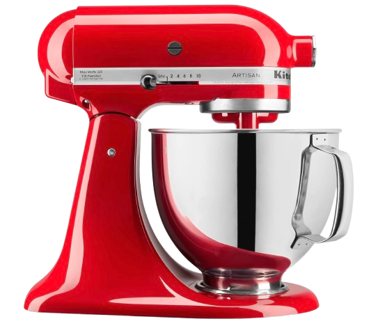 Red KitchenAid Artisan Series 5-quart stand mixer with stainless steel mixing bowl, shown from the side with tilt-head design.
