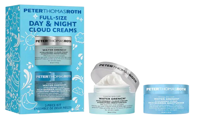 Peter Thomas Roth Water Drench moisturizer gift set featuring two full-size hyaluronic acid creams for day and night, shown in aqua blue jars and packaging.