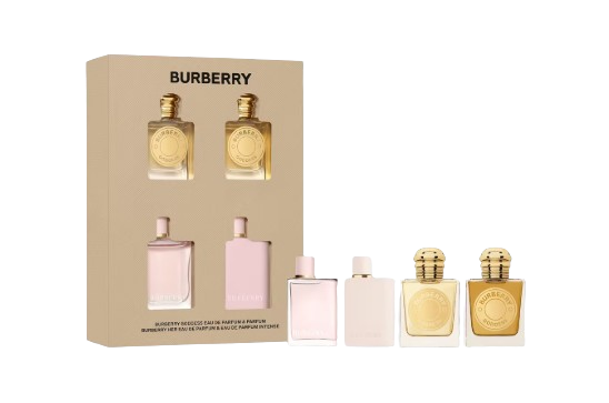 Burberry fragrance discovery set with four travel-size perfumes, including Goddess Eau de Parfum, Goddess Parfum, Her Eau de Parfum, and Her Eau de Parfum Intense, displayed in gold and blush bottles.