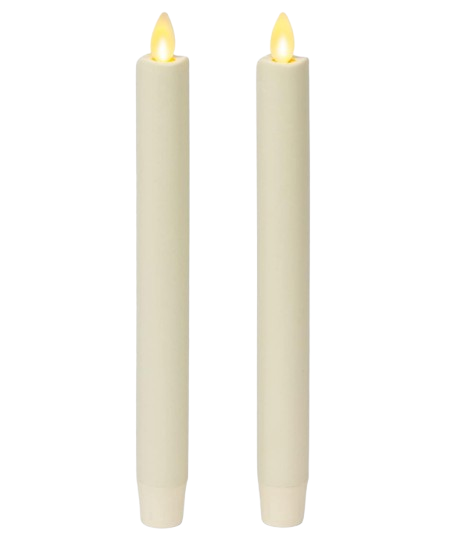 Luminara flameless ivory taper candles with realistic flickering LED flames, designed to fit standard candleholders for safe, elegant holiday table and mantel décor.
