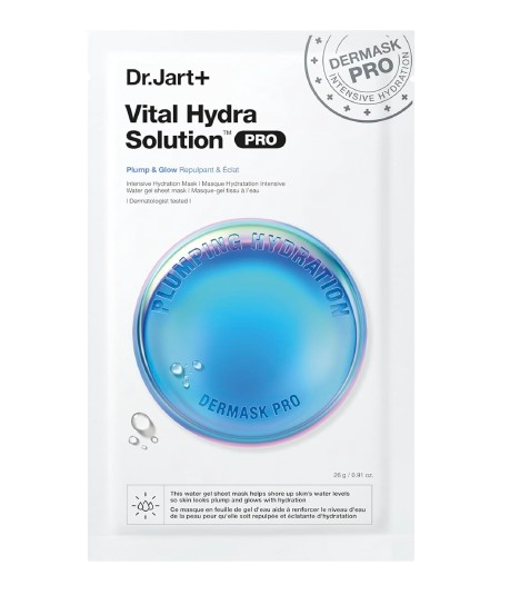 Dr. Jart+ Dermask Water Jet Vital Hydra Solution sheet mask packaging, an intensive hydrating mask designed to plump skin and boost moisture levels for a fresh glow.