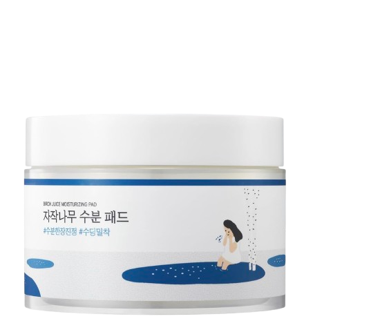 Round Lab Birch Juice Moisturizing Toner Pads in a clear jar, infused with birch sap to hydrate, soothe, and prep skin with gentle, moisture-rich toner pads.