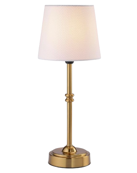 Cordless LED table lamp with a slim brass base and white fabric shade, featuring touch controls and adjustable dimmer lighting for ambient illumination.