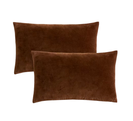 Set of two velvet throw pillow covers in rich brown, featuring a soft, smooth texture that adds warmth and depth to sofas or beds.